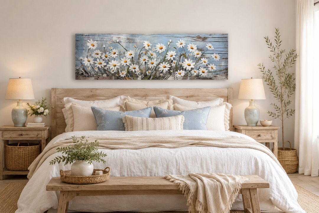 Rustic white daisies painted on a blue wood-textured long horizontal canvas above a bed.