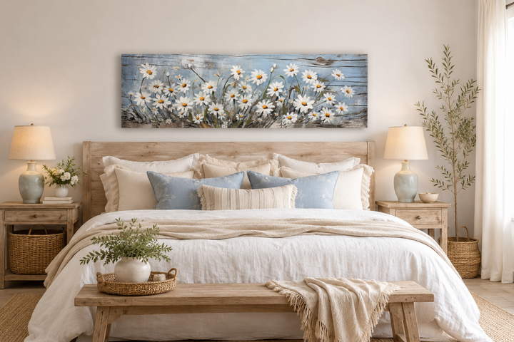 Rustic white daisies painted on a blue wood-textured long horizontal canvas above a bed.