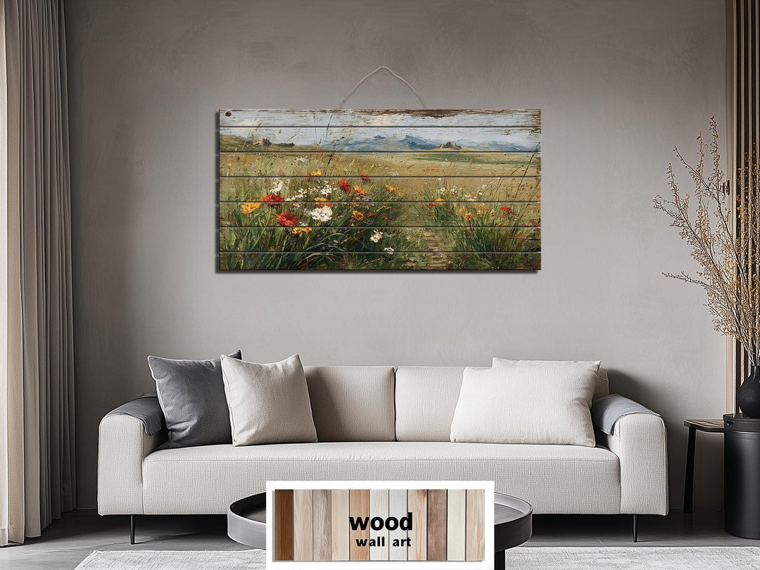 Rustic Wildflower Field Distressed Wood Wall Art