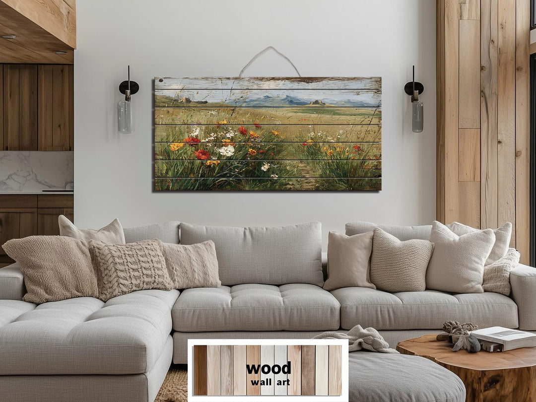 Rustic Wildflower Field Distressed Wood Wall Art