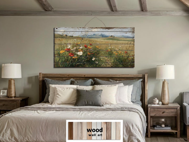 Rustic Wildflower Field Distressed Wood Wall Art
