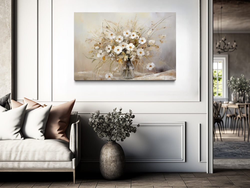 Wall Art For Bedroom - Rustic Wildflowers Bouquet Neutral Framed Canvas Wall Art For Farmhouse