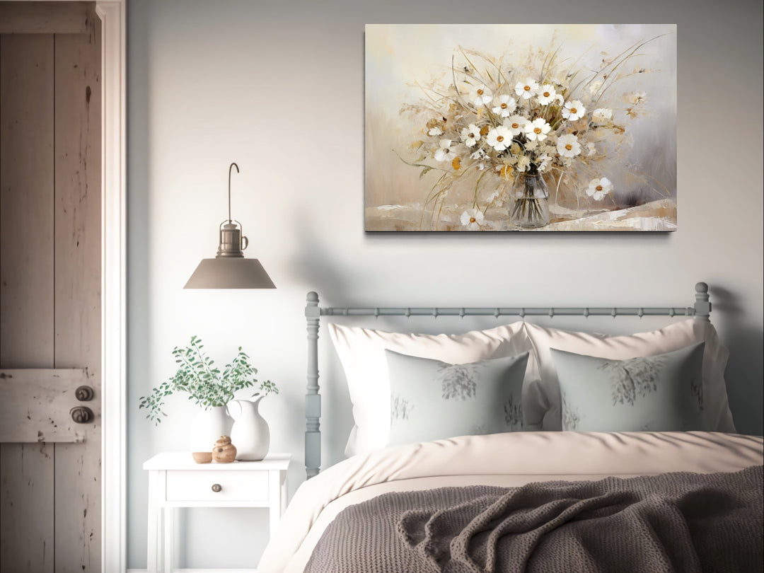 Wall Art For Bedroom - Rustic Wildflowers Bouquet Neutral Framed Canvas Wall Art For Farmhouse