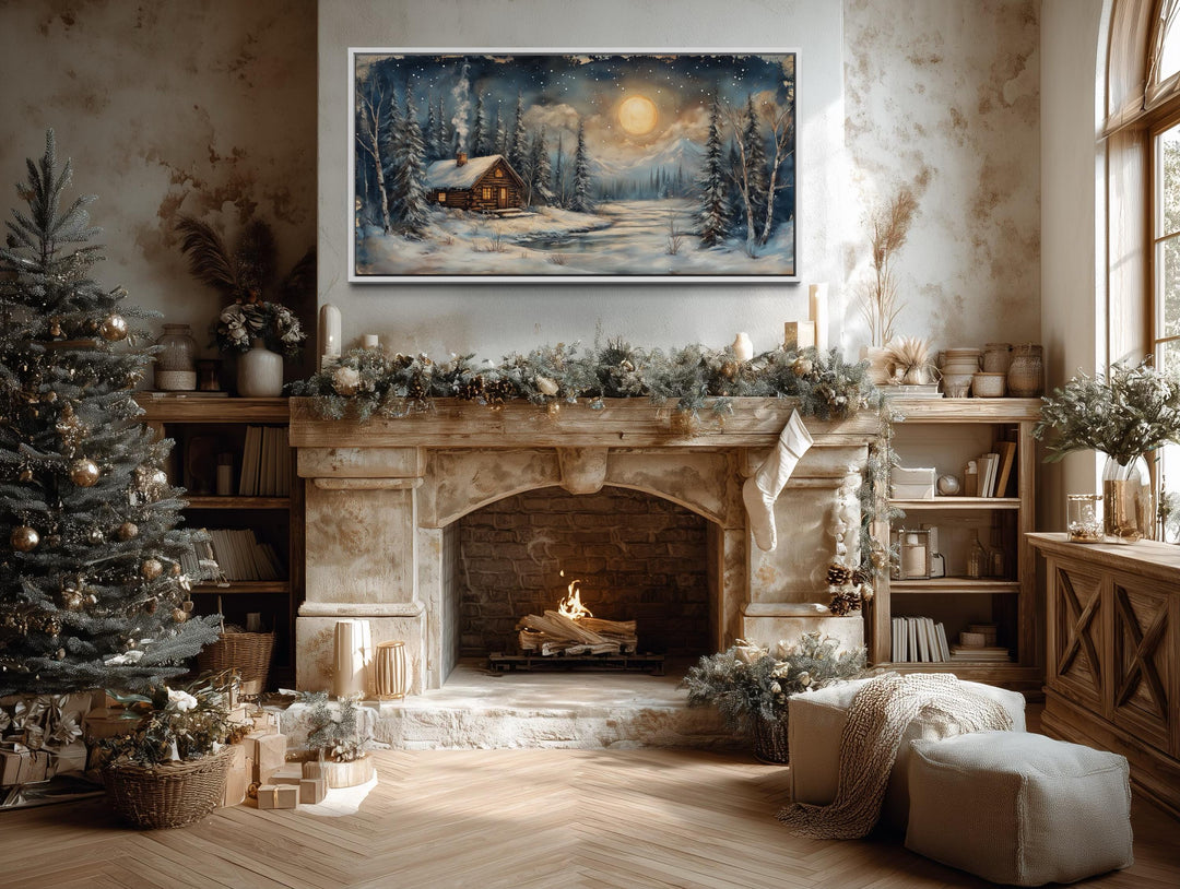 Rustic Winter Cabin Wall Art – Snowy Log Cabin Painting With Moonlight Scene | Nordic Forest Decor