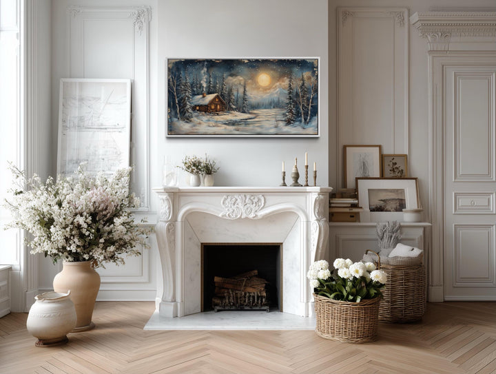 Rustic Winter Cabin Wall Art – Snowy Log Cabin Painting With Moonlight Scene | Nordic Forest Decor