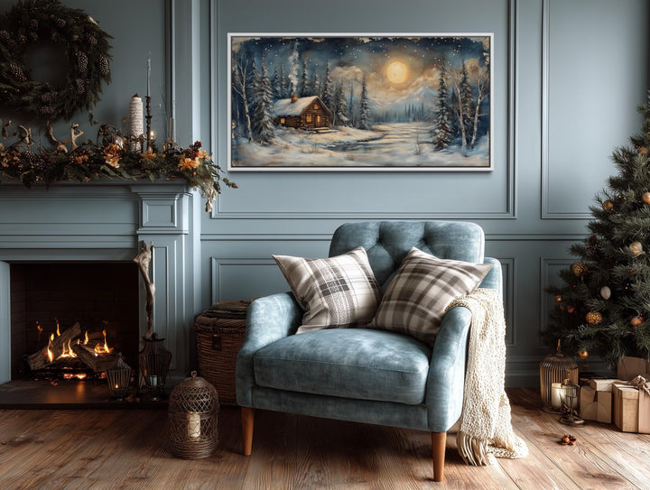 Rustic Winter Cabin Wall Art – Snowy Log Cabin Painting With Moonlight Scene | Nordic Forest Decor