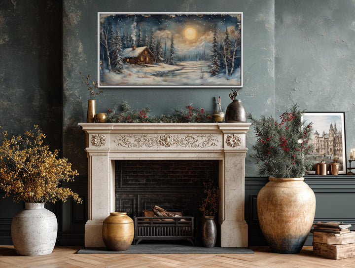 Rustic Winter Cabin Wall Art – Snowy Log Cabin Painting With Moonlight Scene | Nordic Forest Decor