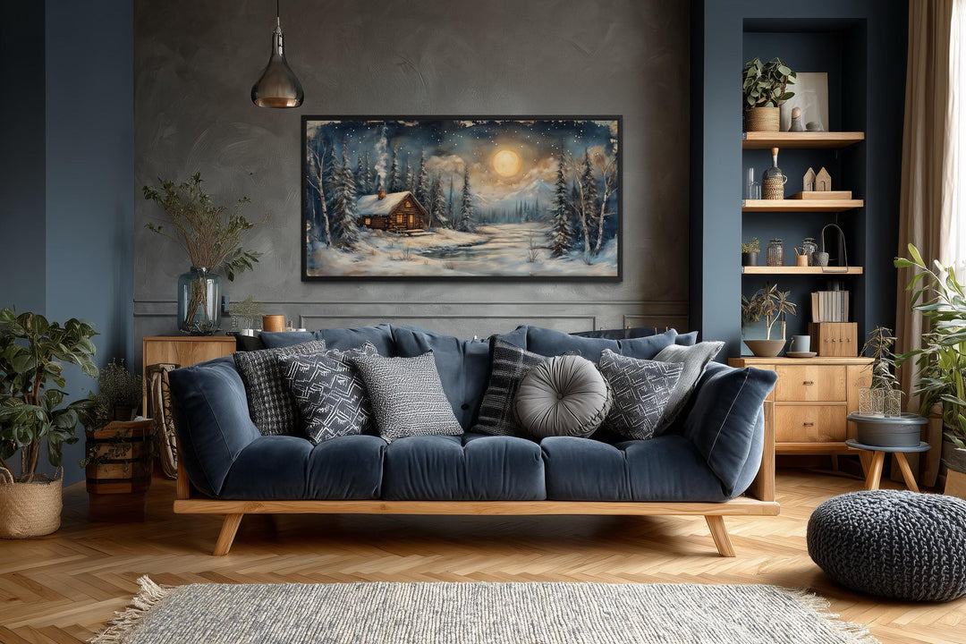 Rustic Winter Cabin Wall Art – Snowy Log Cabin Painting With Moonlight Scene | Nordic Forest Decor