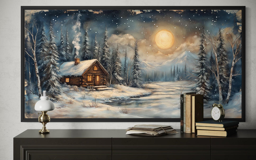 Rustic Winter Cabin Wall Art – Snowy Log Cabin Painting With Moonlight Scene | Nordic Forest Decor