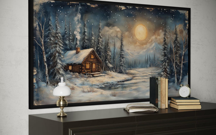 Rustic Winter Cabin Wall Art – Snowy Log Cabin Painting With Moonlight Scene | Nordic Forest Decor
