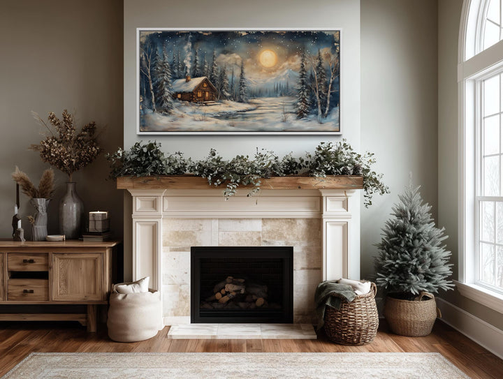 Rustic Winter Cabin Wall Art – Snowy Log Cabin Painting With Moonlight Scene | Nordic Forest Decor