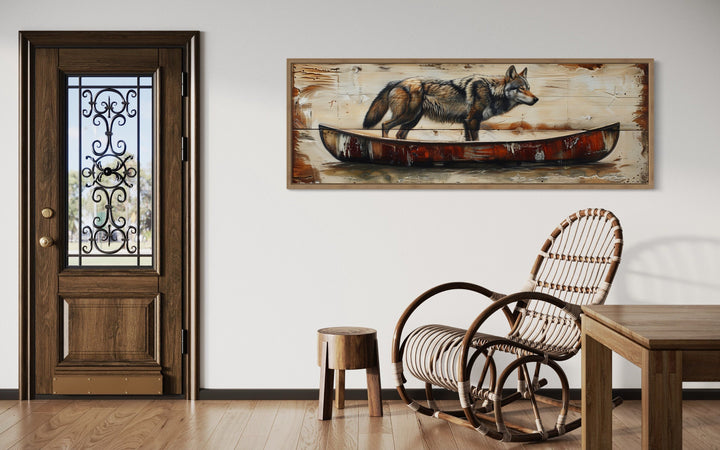 Rustic Wolf In Canoe Long Horizontal Framed Canvas Wall Art