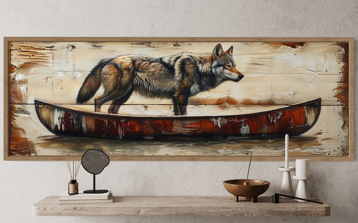 Rustic Wolf In Canoe Long Horizontal Framed Canvas Wall Art