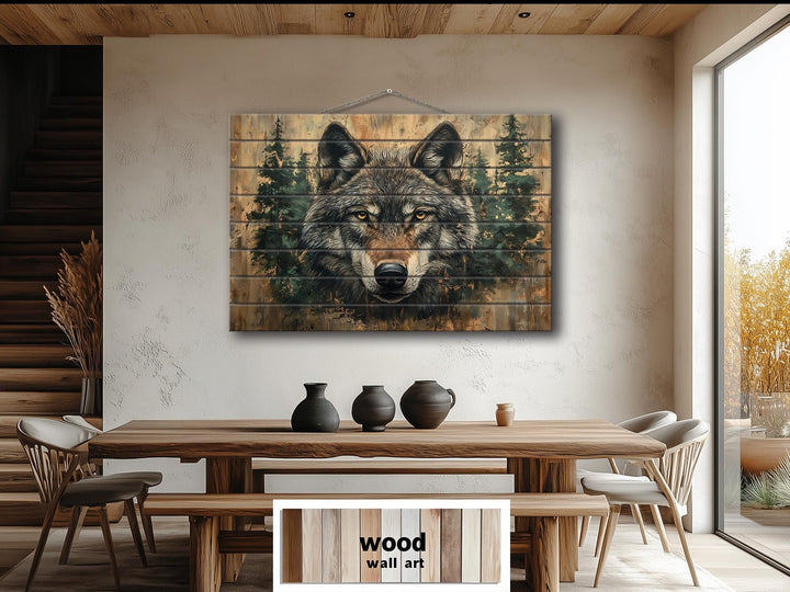 Rustic Wolf In Pine Trees Distressed Wood Wall Art