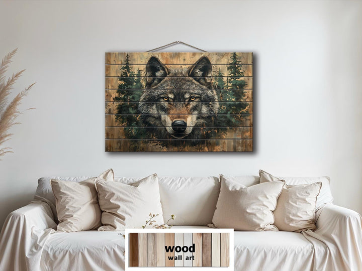 Rustic Wolf In Pine Trees Distressed Wood Wall Art