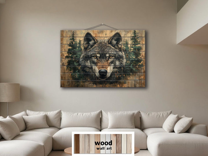 Rustic Wolf In Pine Trees Distressed Wood Wall Art
