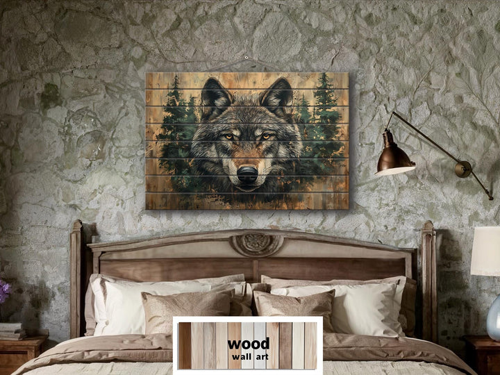 Rustic Wolf In Pine Trees Distressed Wood Wall Art