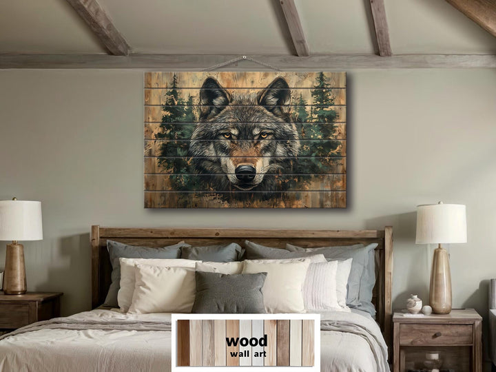 Rustic Wolf In Pine Trees Distressed Wood Wall Art