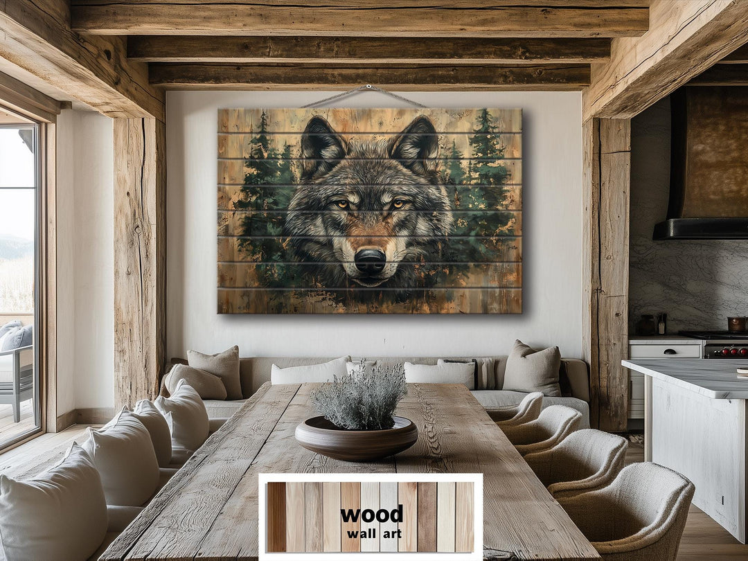 Rustic Wolf In Pine Trees Distressed Wood Wall Art
