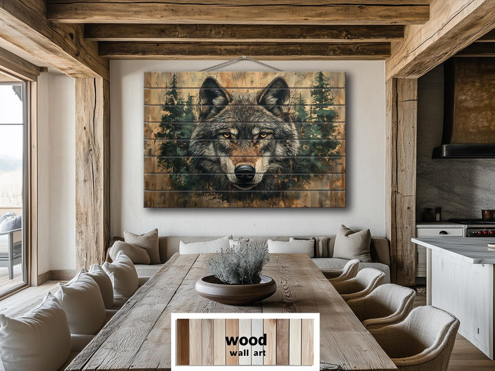 Rustic Wolf In Pine Trees Distressed Wood Wall Art