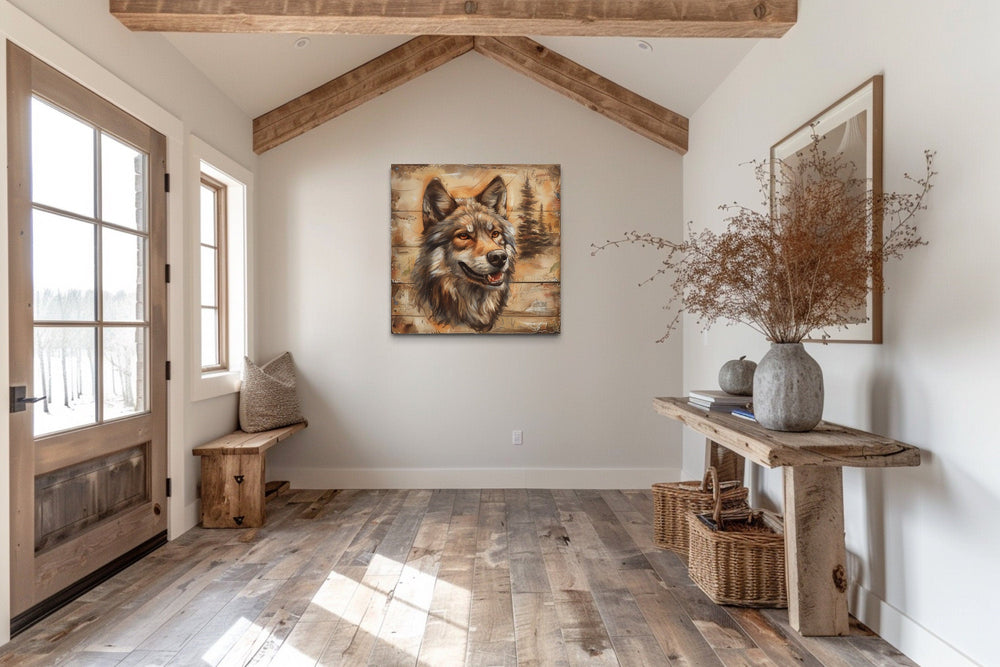 Rustic Wolf Painting On Wood Framed Canvas Wall Art