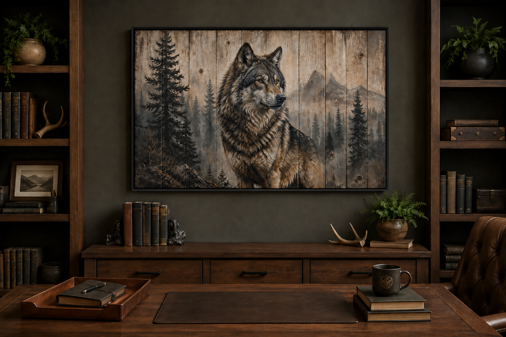Rustic wolf painting on wood-textured framed canvas wall art in a cabin-style office setting.