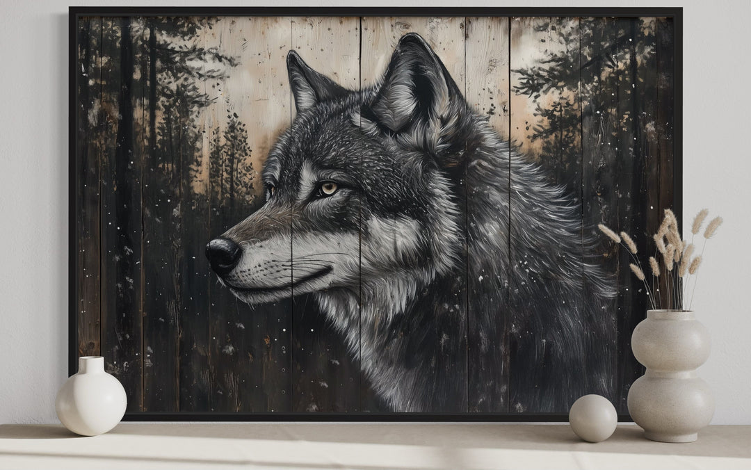 Rustic Wolf Painting On Wood Framed Canvas Wall Art For Cabin Decor