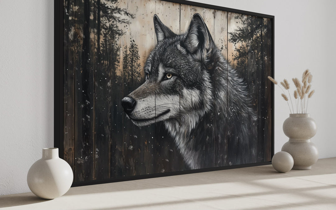 Rustic Wolf Painting On Wood Framed Canvas Wall Art For Cabin Decor