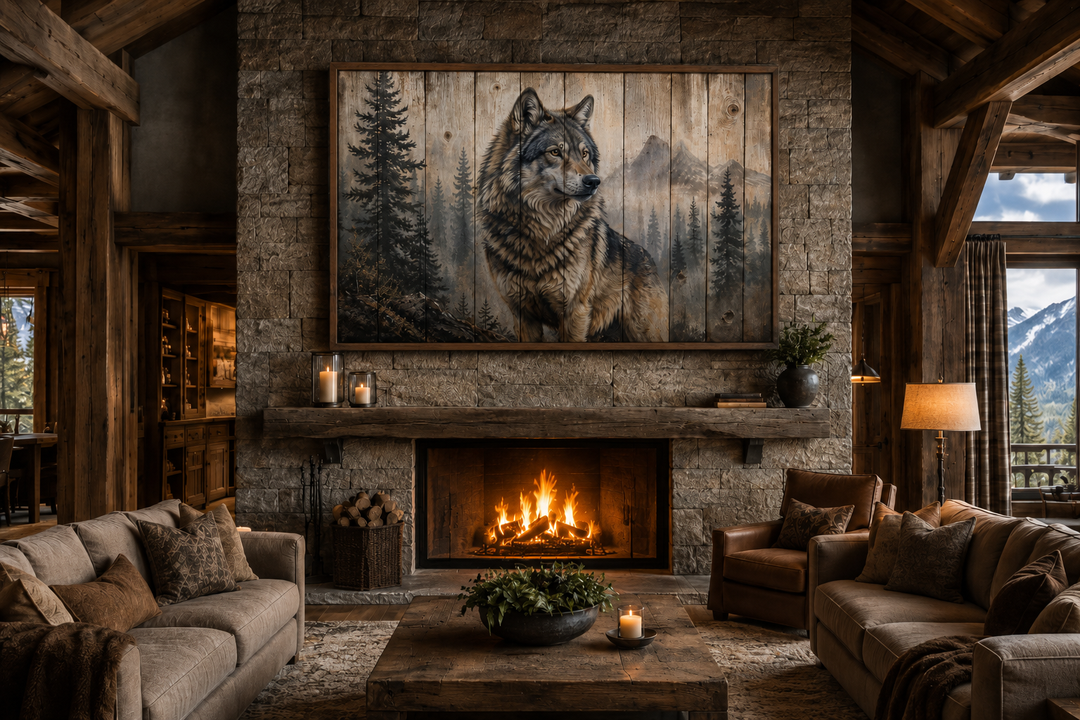 Rustic wolf painting on wood-textured canvas wall art above a fireplace in a cabin living room.