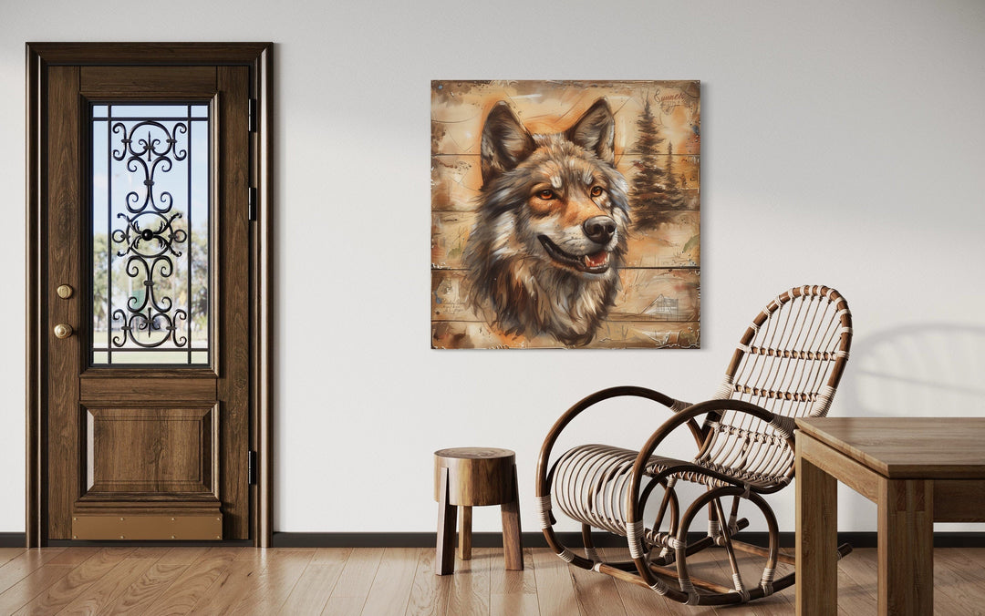 Rustic Wolf Painting On Wood Framed Canvas Wall Art