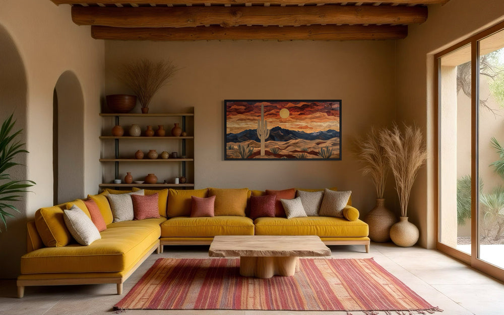 Rustic wood style desert framed canvas wall art with cacti and sunset.