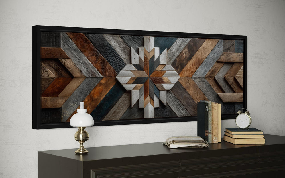 Horizontal canvas wall art featuring a rustic geometric chevron pattern in various wood tones.
