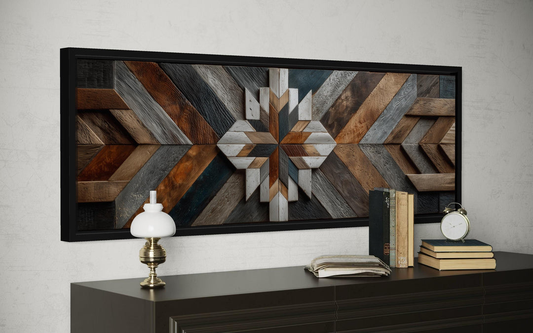 Horizontal canvas wall art featuring a rustic geometric chevron pattern in various wood tones.