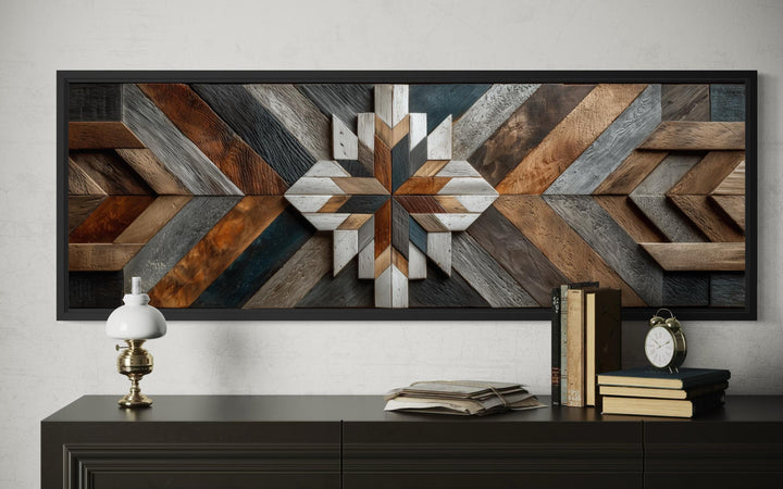 Horizontal canvas wall art featuring a rustic geometric chevron pattern in various wood tones.