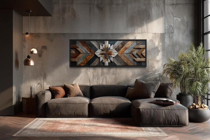 Horizontal canvas wall art featuring a rustic geometric chevron pattern in various wood tones.