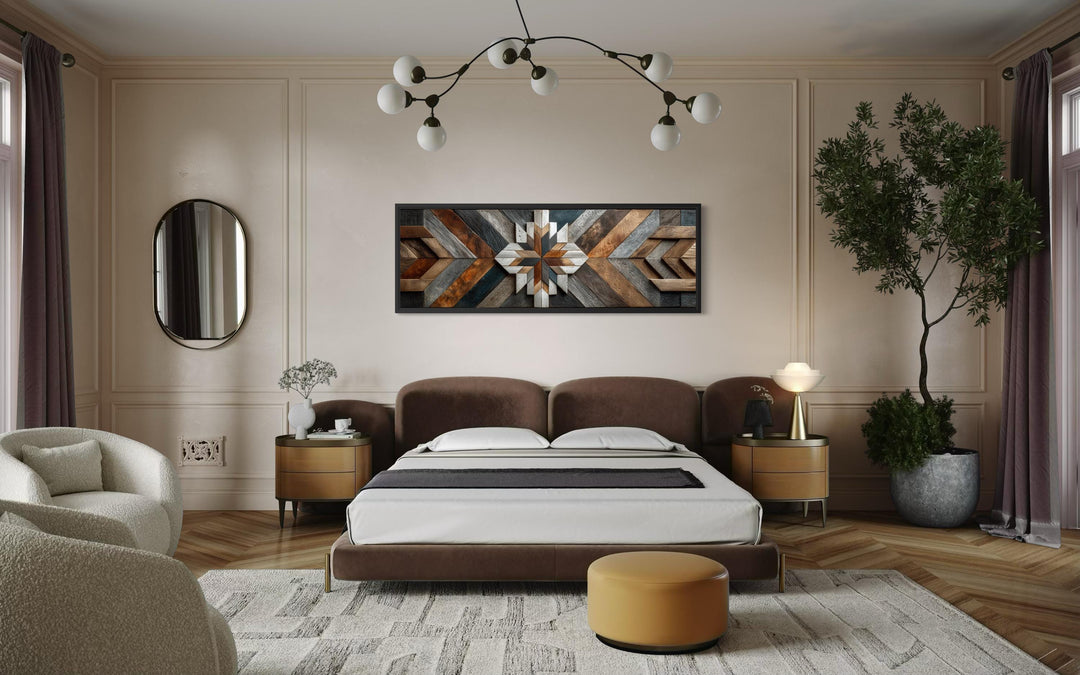 Long horizontal canvas wall art featuring a rustic geometric chevron pattern in varied wood tones.