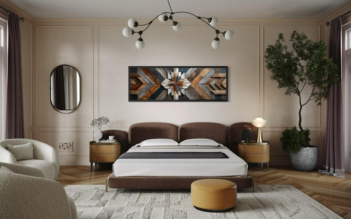 Long horizontal canvas wall art featuring a rustic geometric chevron pattern in varied wood tones.