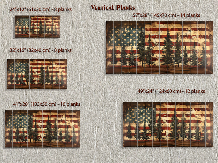 Rustic Wooden American Flag and Pine Forest Wall Art