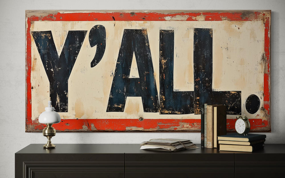 a large, vintage-style sign with the word "Y'ALL" in bold, distressed lettering against a red and white background. The sign is hanging on a wall, and there is a small lamp and a stack of books placed on a dresser below it.