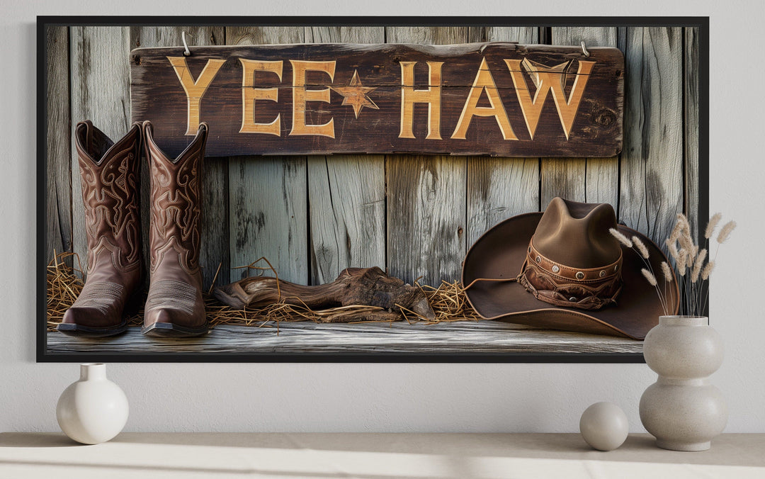 Rustic Yeehaw Cowboy Sign with Cowboy Boots And Hat Western Wall Art