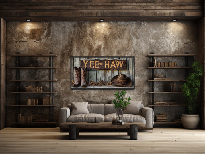 Rustic Yeehaw Cowboy Sign with Cowboy Boots And Hat Western Wall Art