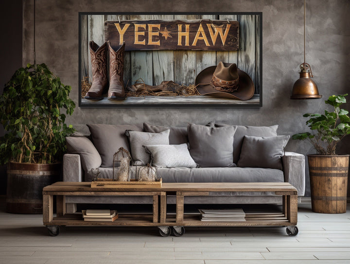 Rustic Yeehaw Cowboy Sign with Cowboy Boots And Hat Western Wall Art