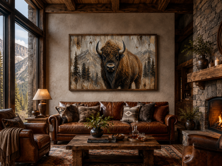 Rustic framed wood wall art featuring a detailed American buffalo portrait for cabin decor.
