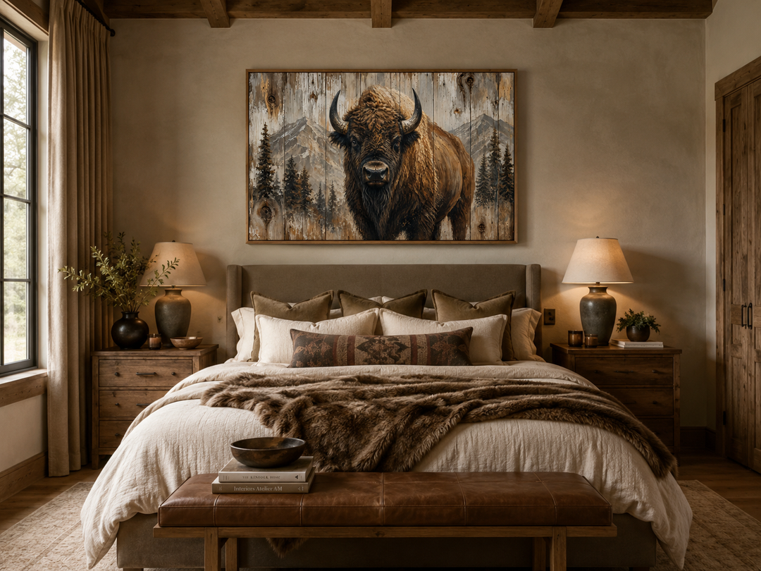 Rustic framed wood wall art featuring a detailed American buffalo portrait over a bed in a cabin.