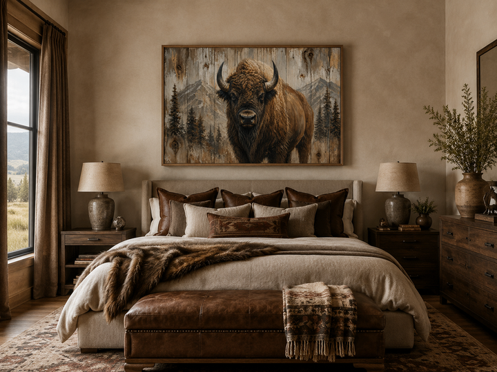 American buffalo portrait on rustic wood framed canvas wall art above a bed in a western cabin.