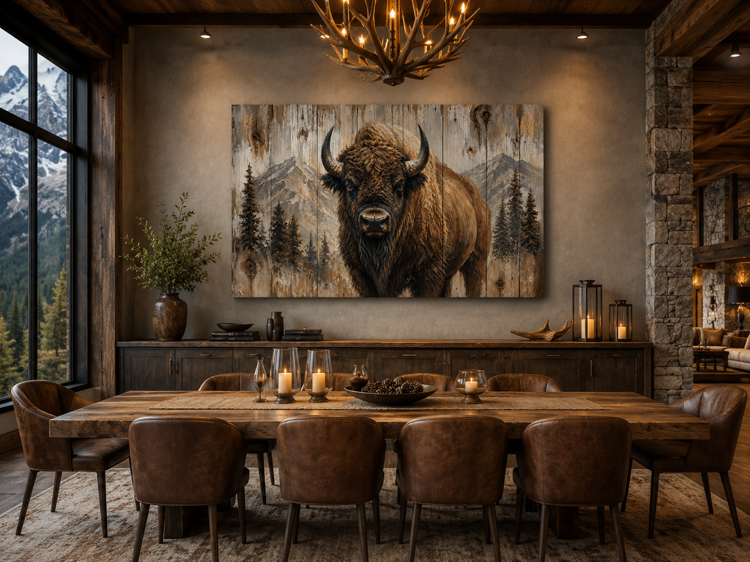 American buffalo portrait on rustic wood framed canvas wall art in a cabin dining room.