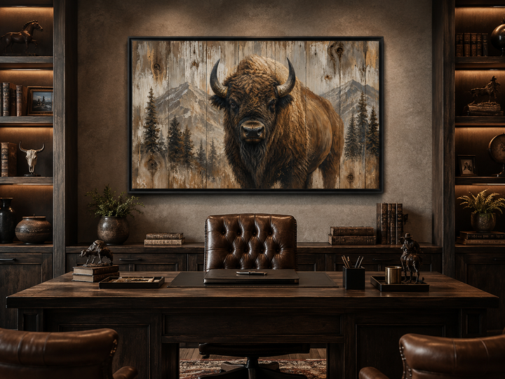 American buffalo portrait on rustic wood framed canvas wall art in a western-style office.