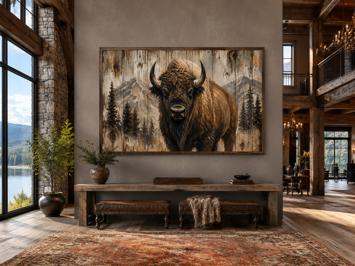 Rustic framed wood wall art featuring a detailed American buffalo portrait in a cabin setting.