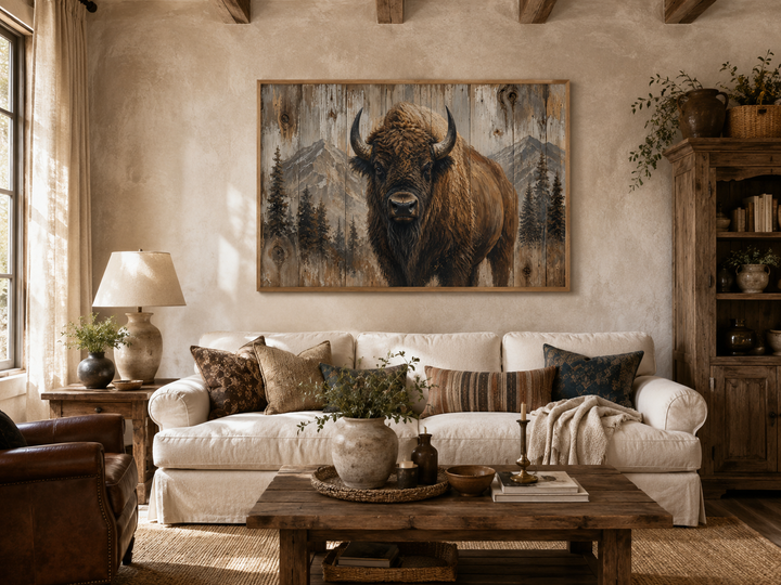 American buffalo portrait on rustic wood framed canvas wall art in a western cabin living room.