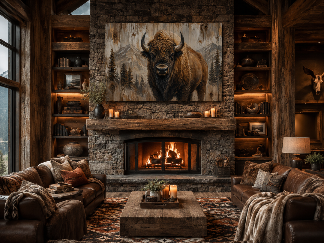 Rustic American buffalo portrait on wood framed canvas above a stone fireplace in a cabin setting.